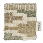 Square wool rug sample with an abstract geometric pattern in beige, cream, and sage green, featuring a Classic Collection tag.