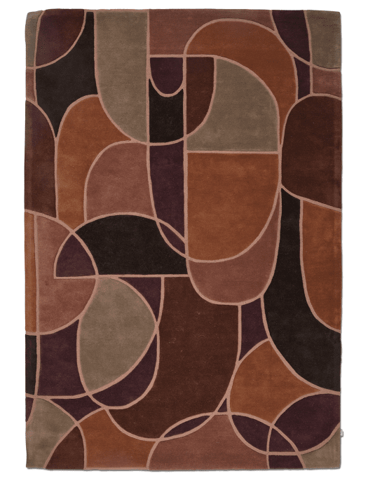 Moderner Webteppich mit abstraktem, geometrischem Linienmuster in warmen Braun-, Beige- und Terrakottatönen.