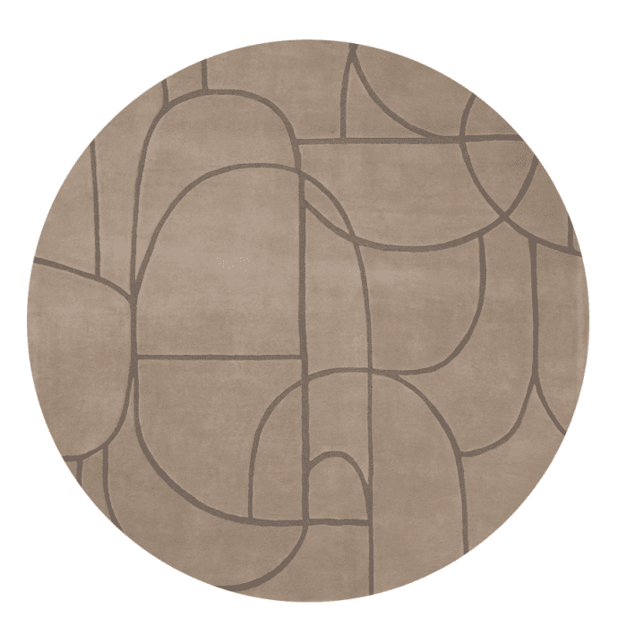 Runder Teppich in Beige mit modernem, abstraktem Linienmuster.