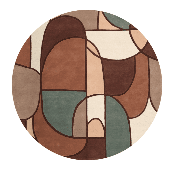 Runder Teppich mit abstraktem geometrischem Muster in Braun-, Beige- und Grüntönen.