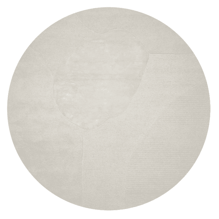 Round off-white area rug with a subtle, abstract minimalist pattern and soft textured finish.