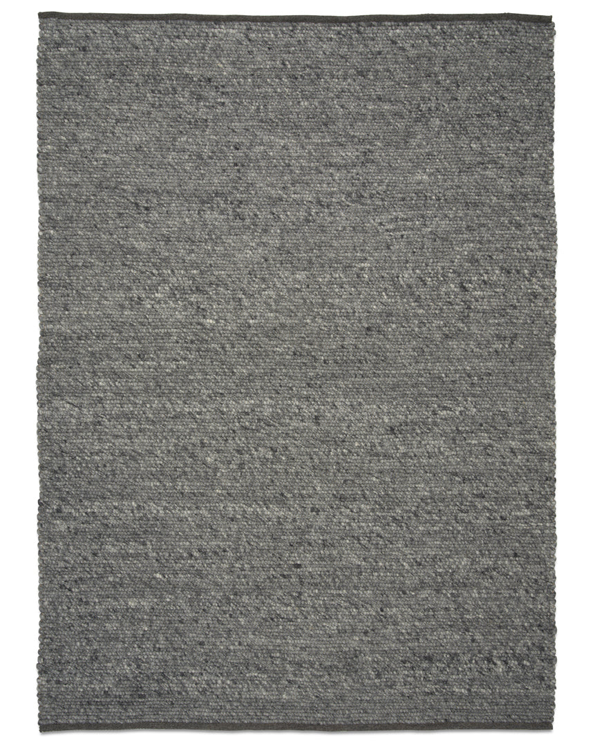 Rectangular area rug in a textured grey wool blend with a solid, woven minimalist design.