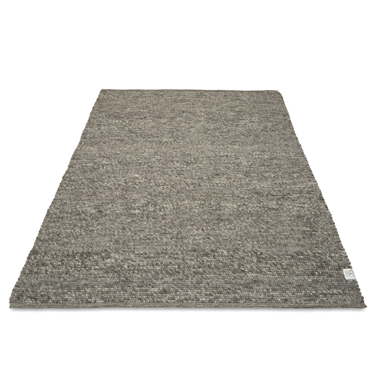Rectangular grey wool area rug with a textured, looped weave pile design.
