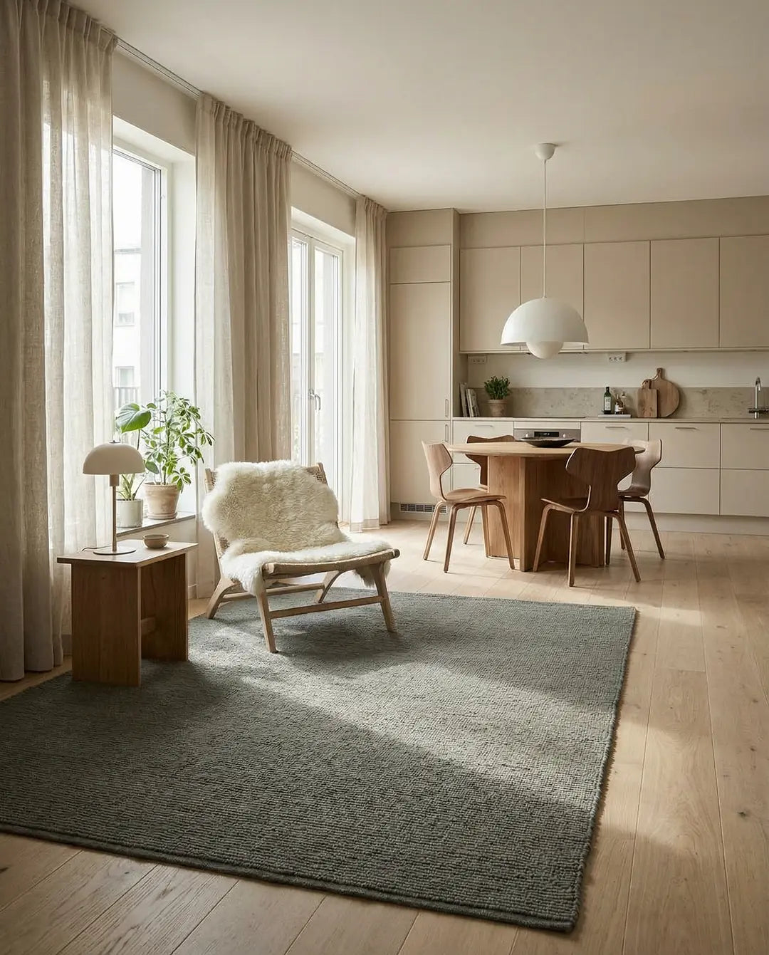 Large grey textured area rug in a sunlit Scandinavian living room with a wood lounge chair and sheepskin throw.
