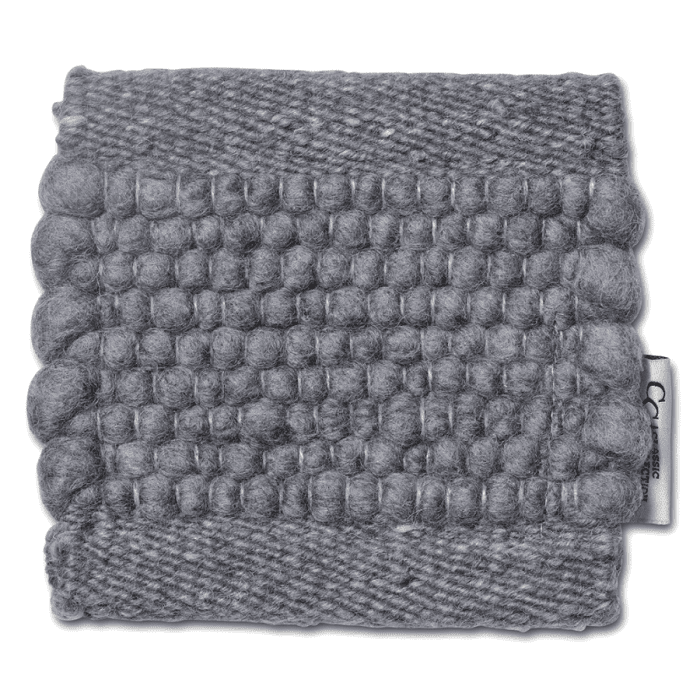 Square grey wool rug sample with a textured, chunky woven pattern and Classic Collection fabric tag.