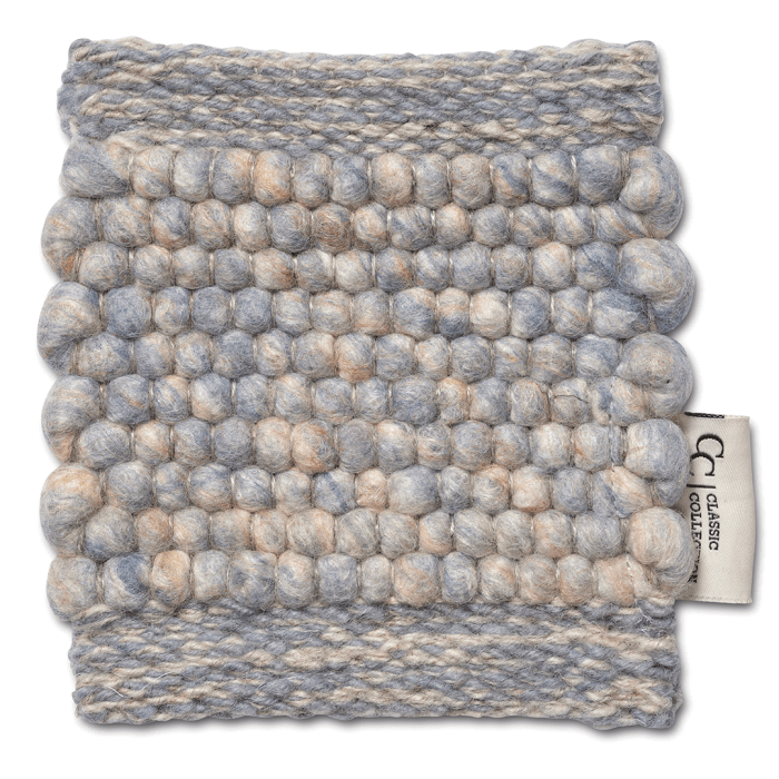 Square grey and beige wool rug sample featuring a textured, hand-woven bubble pattern.