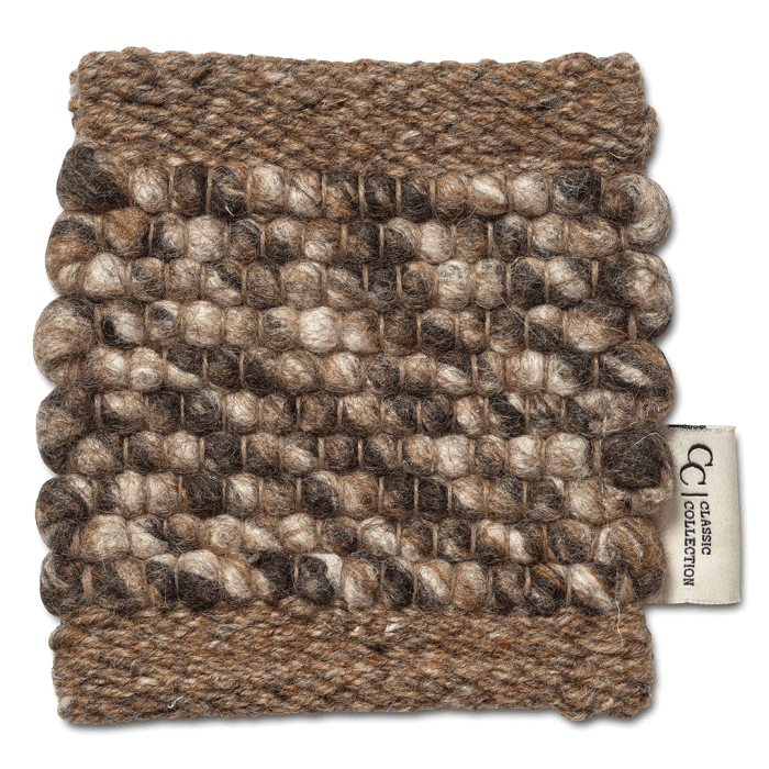 Square textured rug sample in a brown and beige wool blend with a hand-woven bobble pattern and Classic Collection tag.
