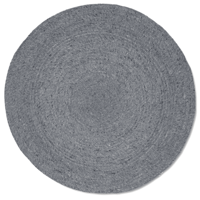 Round grey braided area rug with a coiled, textured weave pattern.