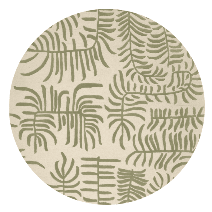 Runder Teppich in Beige und Salbeigrün mit abstraktem botanischem Blattmuster im Skandi-Stil.