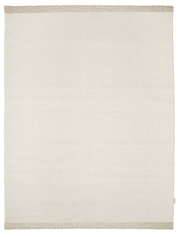 Minimalist off-white area rug with a rectangular woven design and textured beige striped borders.