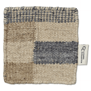 Square wool coaster with a beige, brown, and grey checkered weave pattern and Classic Collection fabric tag.
