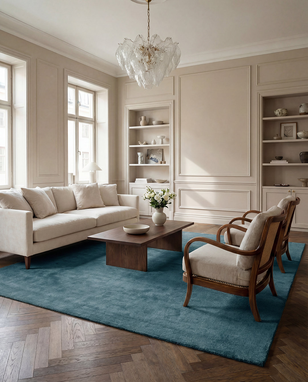 Beige soffgrupp med matchande fåtöljer och mörk träsoffbord på en stor, mjuk blå matta i ett elegant vardagsrum.