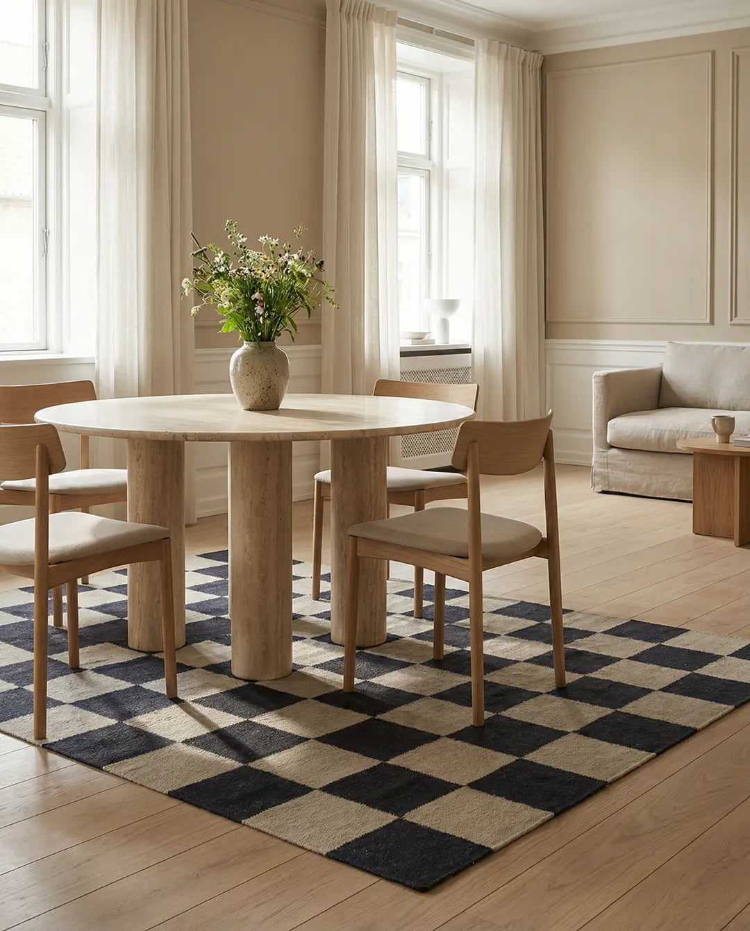Runder Esstisch aus hellem Travertin mit vier Holzstühlen auf einem schwarz-weiß karierten Teppich in modernem Wohnzimmer.
