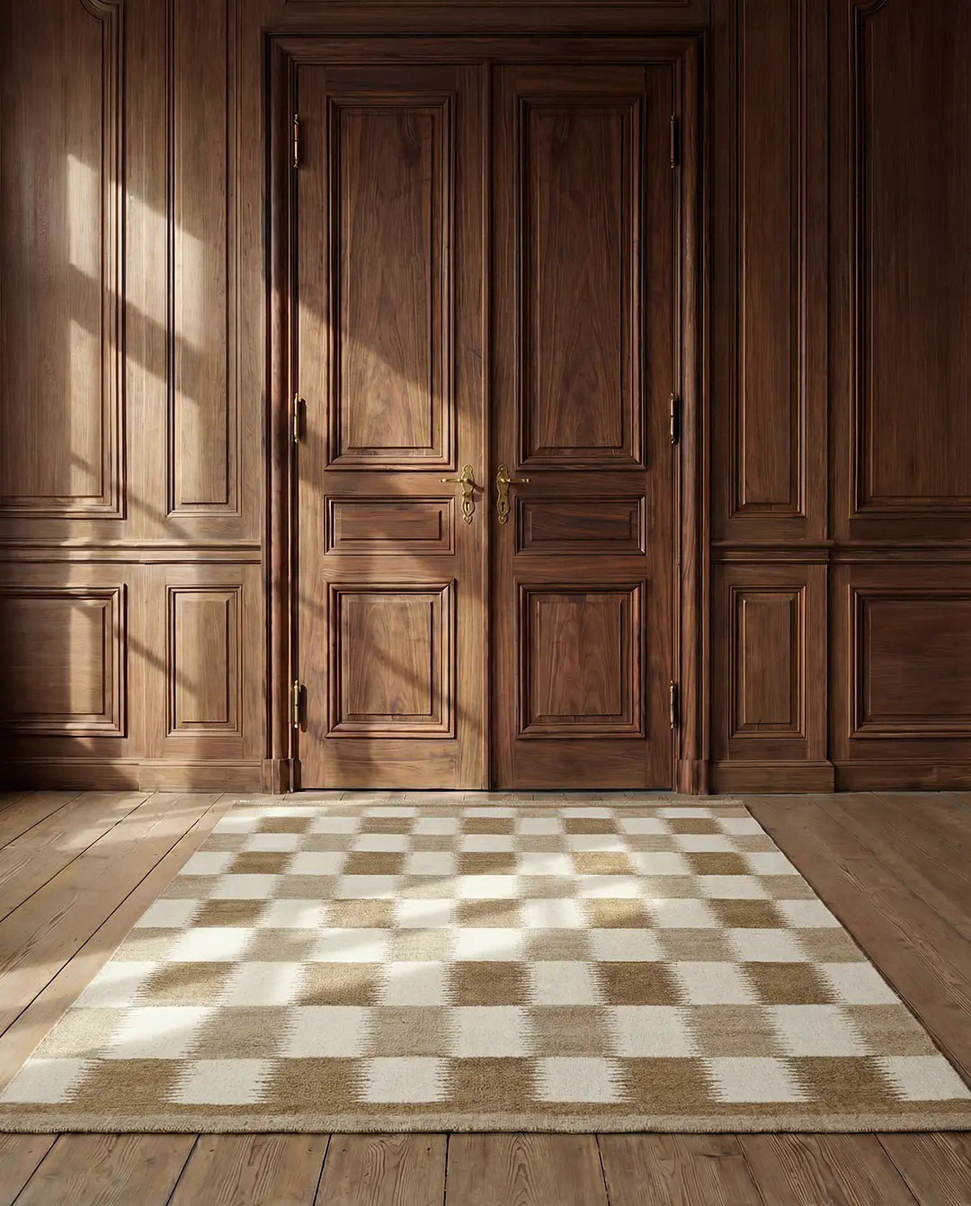 Beige and cream checkered area rug on wooden floor in front of classic dark wood double doors with paneling.