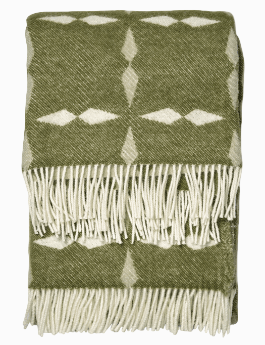 Frilagd pläd Tile Grön i nyzeeländsk ull, vikt med synlig franskant.