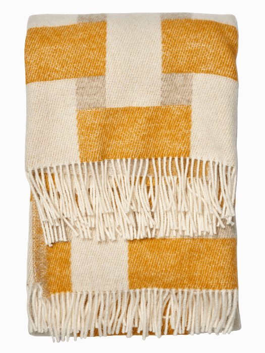 Hopvikt pläd Weave Gul med fransar, jacquardvävt vävmönster.