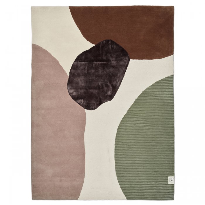 Abstract modern area rug with organic shapes in shades of cream, brown, dark charcoal, sage green, and mauve.