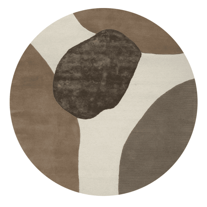 Round area rug featuring a modern abstract pattern in earth tones of brown, beige, and dark taupe.