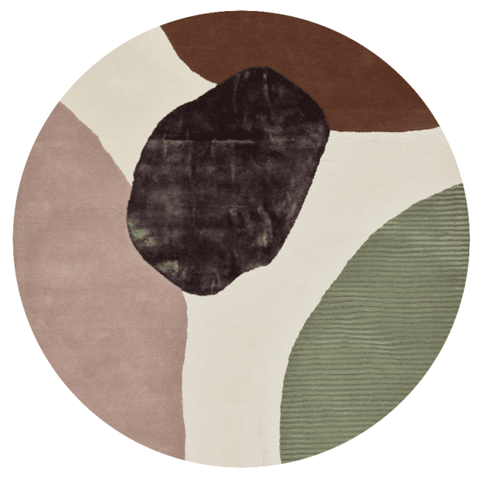Modern round area rug featuring abstract organic shapes in earthy tones of brown, sage green, and beige.