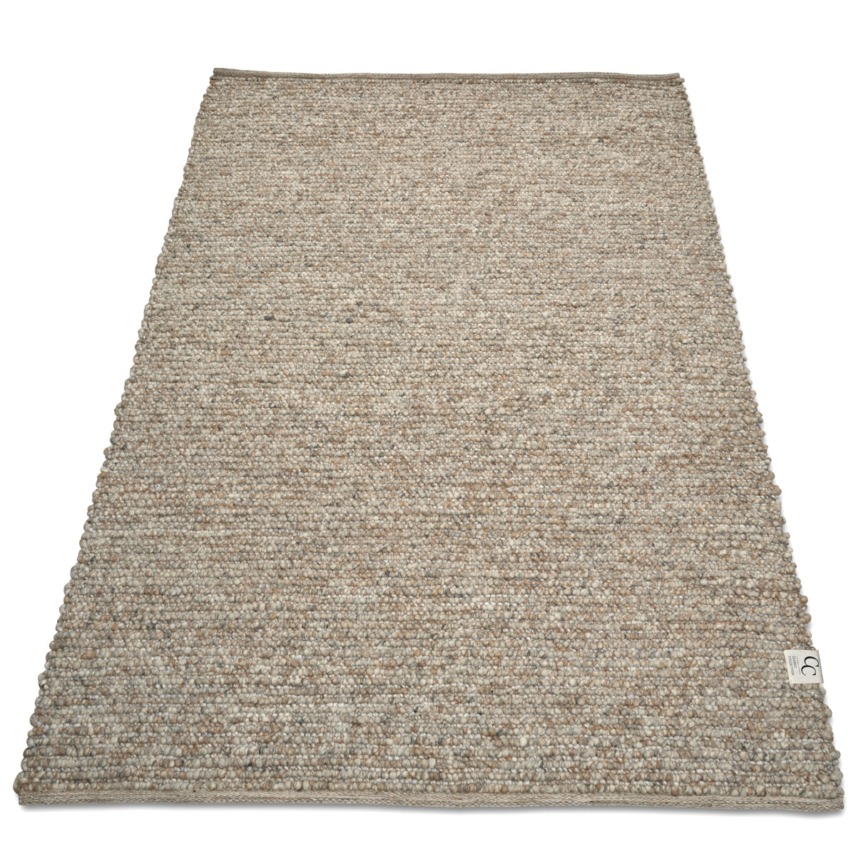 Rectangular, beige wool area rug with a textured, chunky looped-pile finish on a white background.