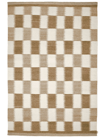 Rektangulär handvävd röllakanmatta i ull, med rutmönster i beige, sand och naturvita nyanser.