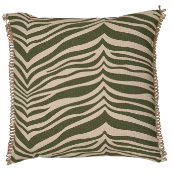 Kissen Zebra Grün 50x50 cm mit handbedrucktem Zebramuster und dekorativer Jutekante.