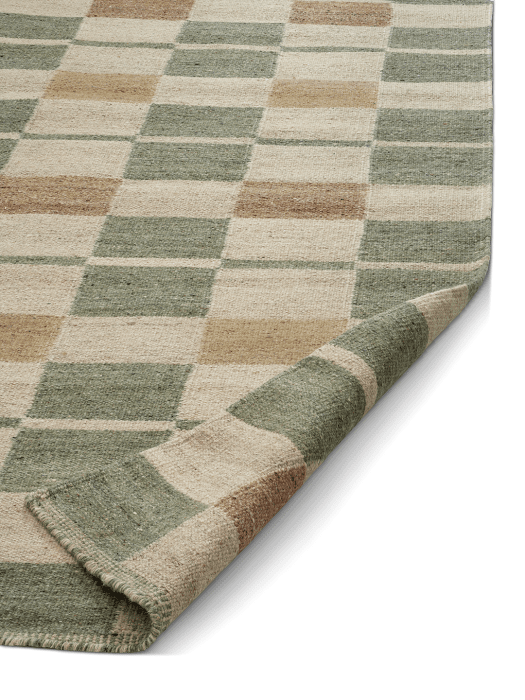 Rutvik Green – handwoven wool kilim with small-check pattern in natural tones, close-up.