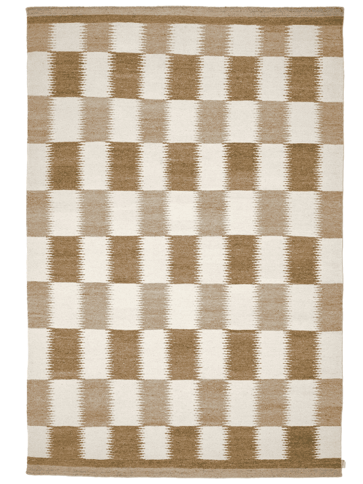 Rektangulär handvävd röllakanmatta i ull, med rutmönster i beige, sand och naturvita nyanser.